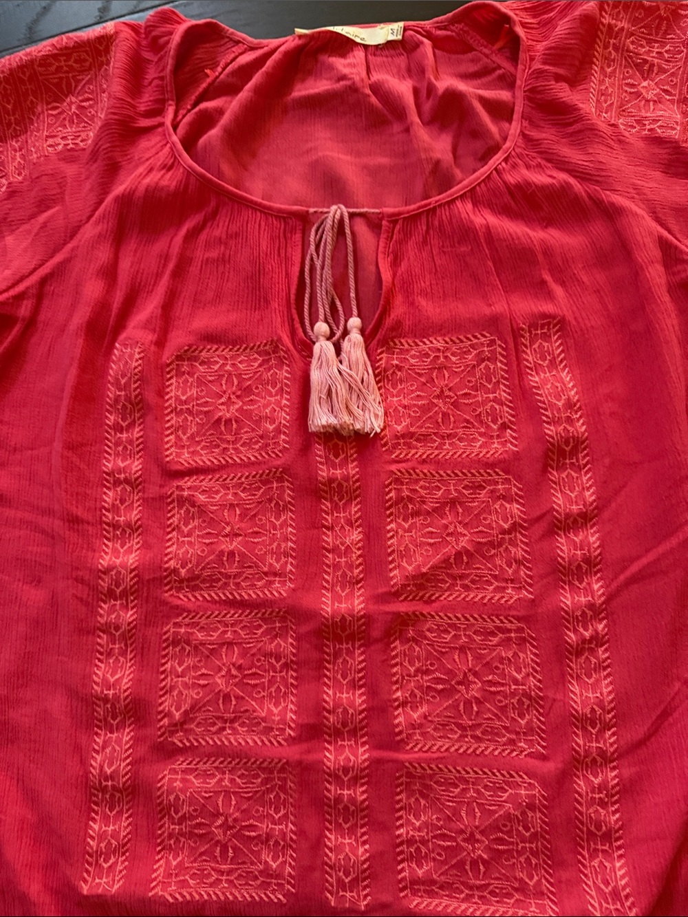 Solitaire Red Embroidered Tassel Peasant Blouse